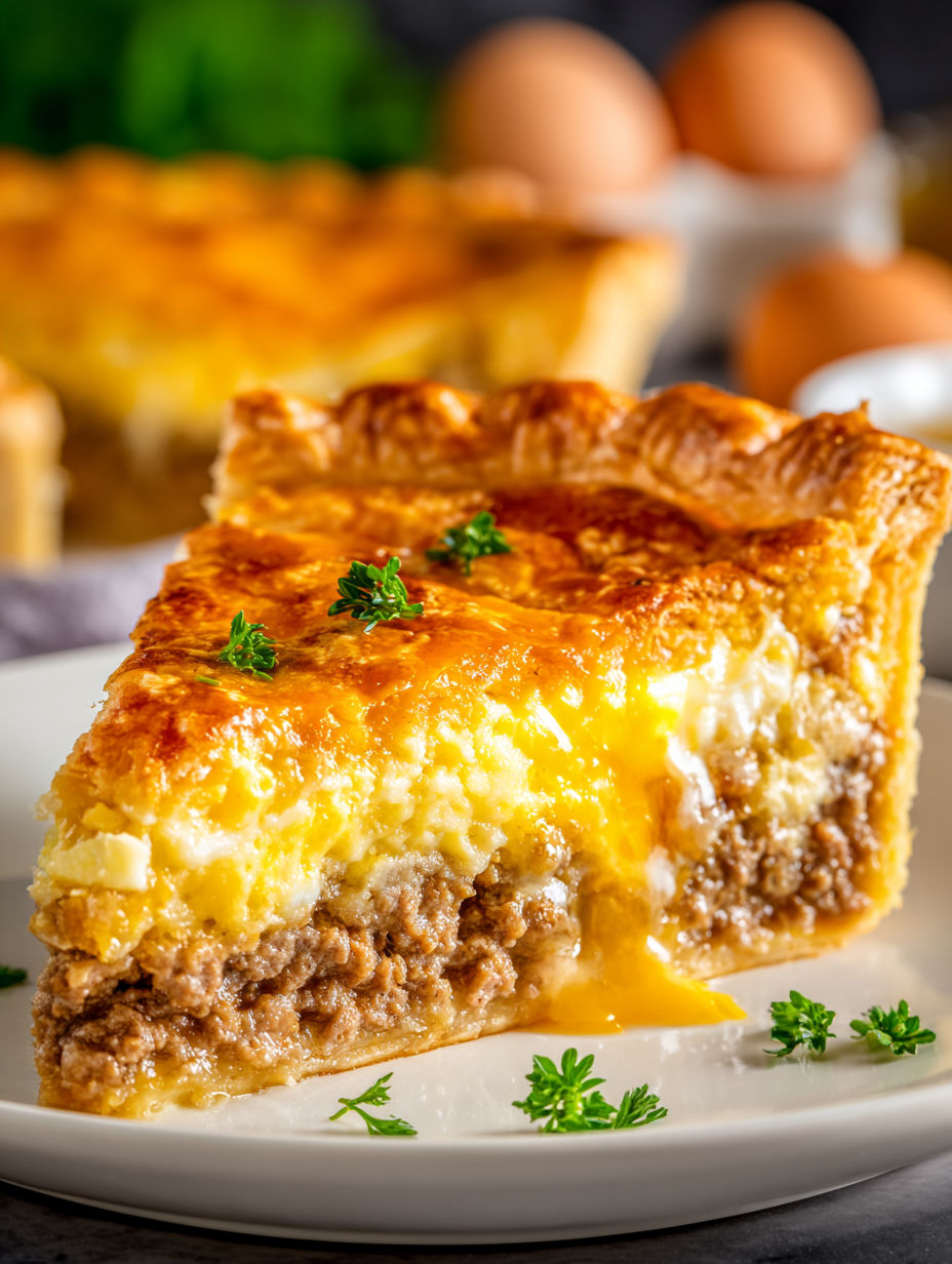 A slice of cheeseburger pie on a white plate.