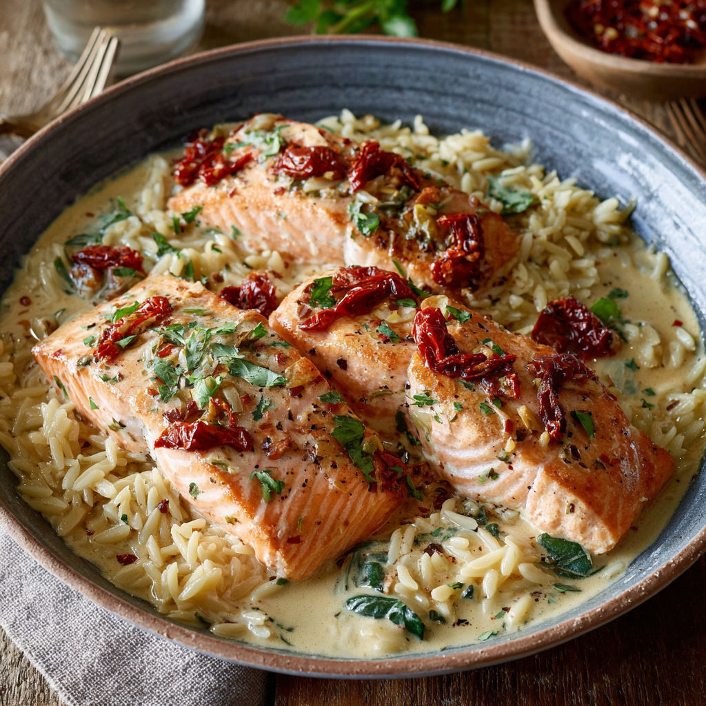 A bowl of salmon with rice and herbs.