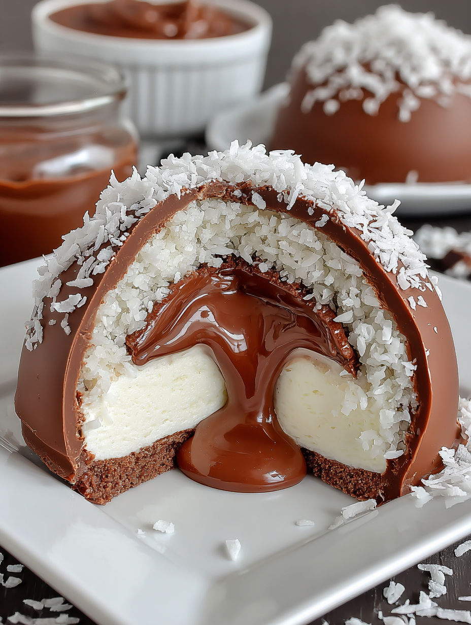 A chocolate covered dessert with a white cream filling.