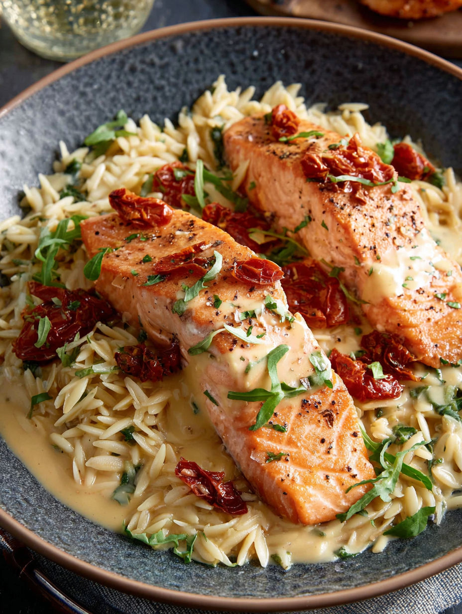 A plate of food with a salmon dish.