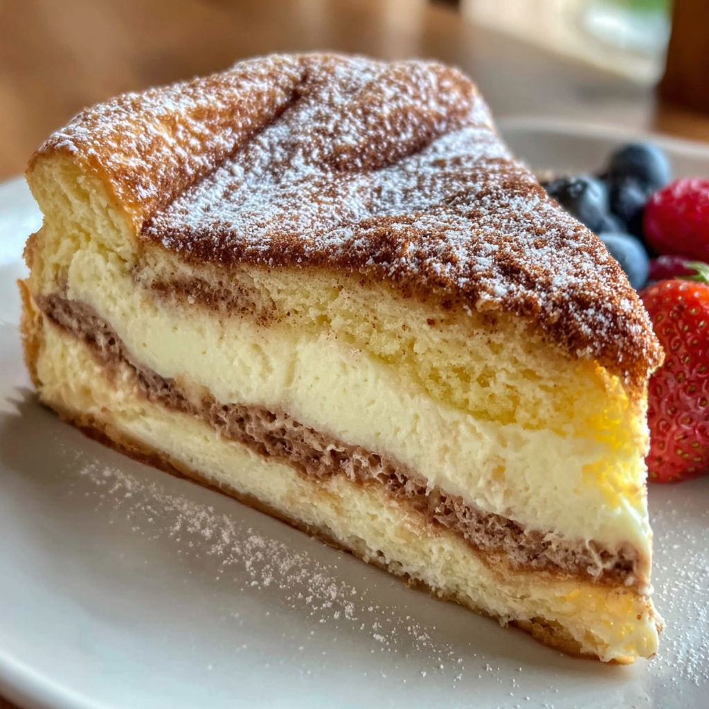 A slice of churro cheesecake with powdered sugar on top.