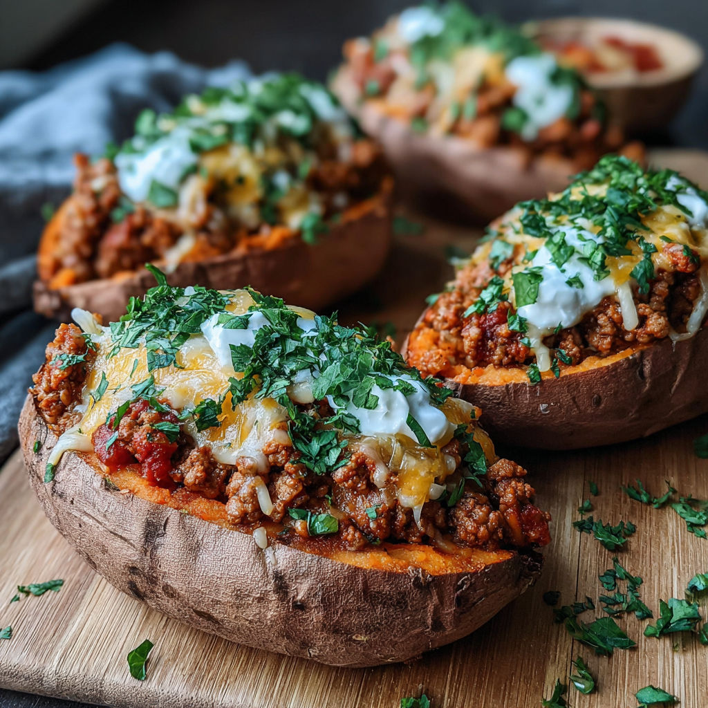 Three sweet potatoes filled with turkey taco meat.