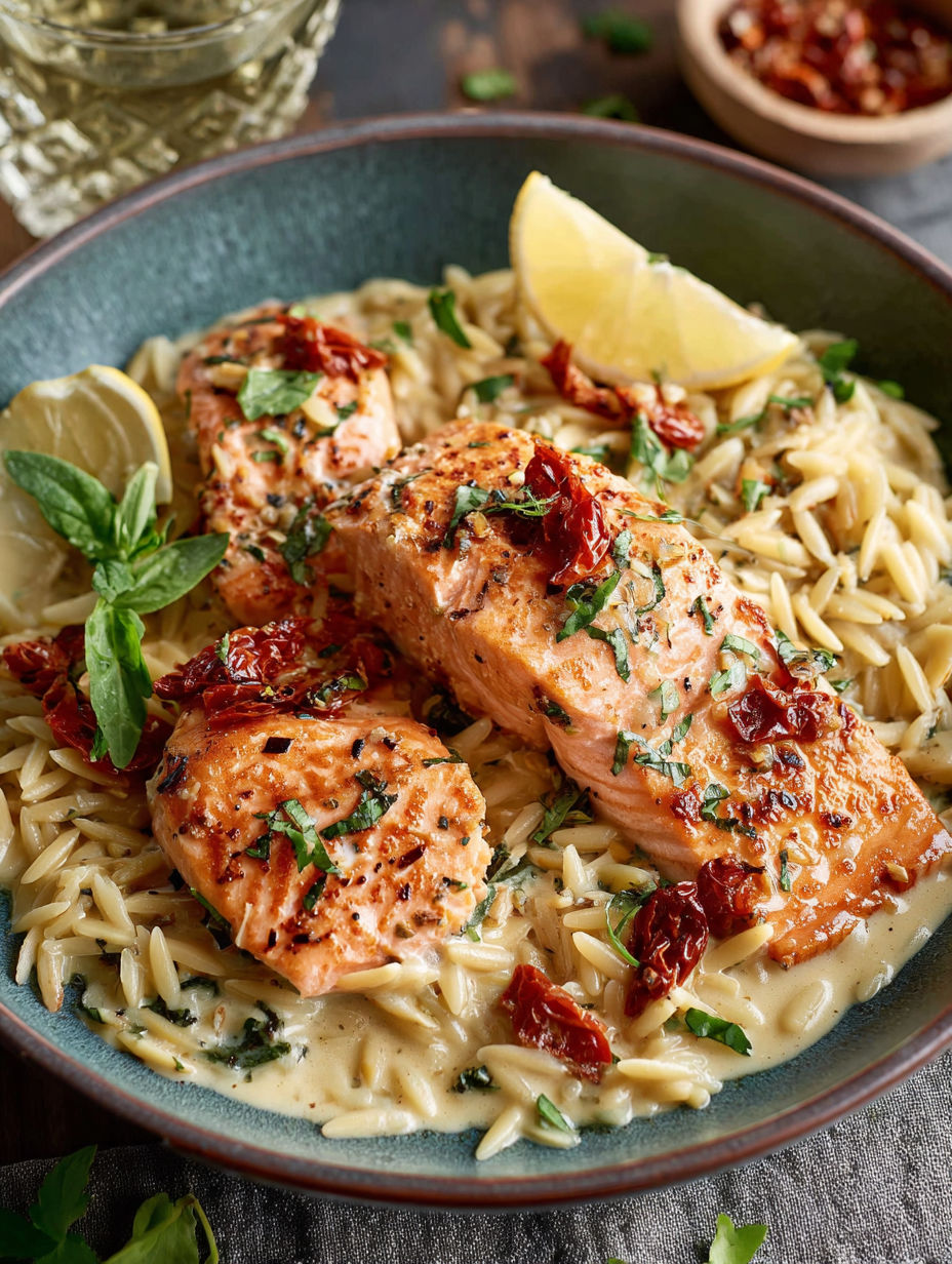 A bowl of pasta with salmon and lemon.