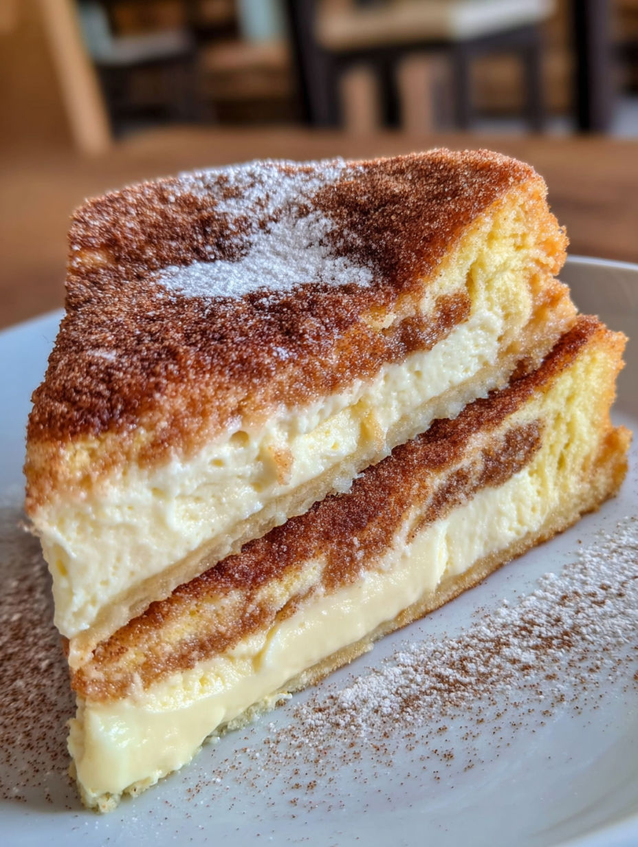 A slice of cake with powdered sugar on top.