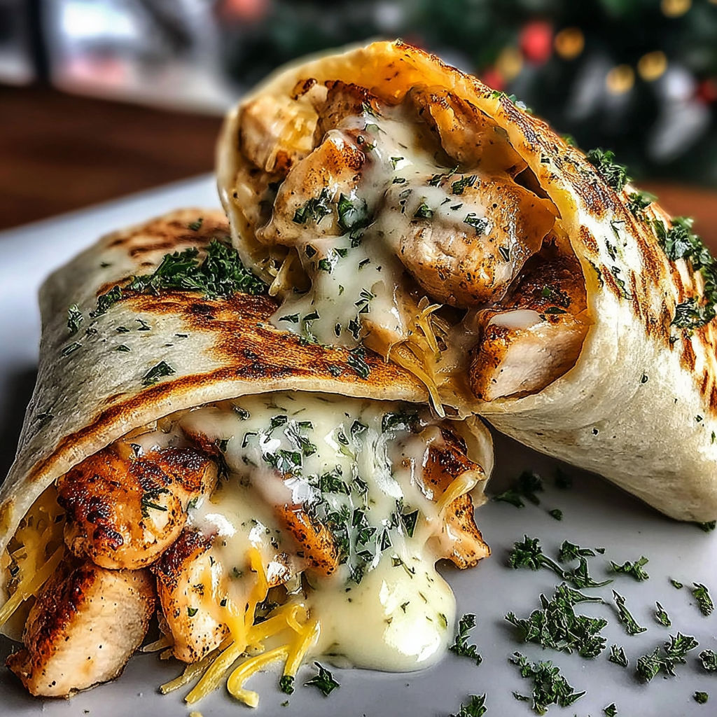 A wrap with chicken and cheese sauce.