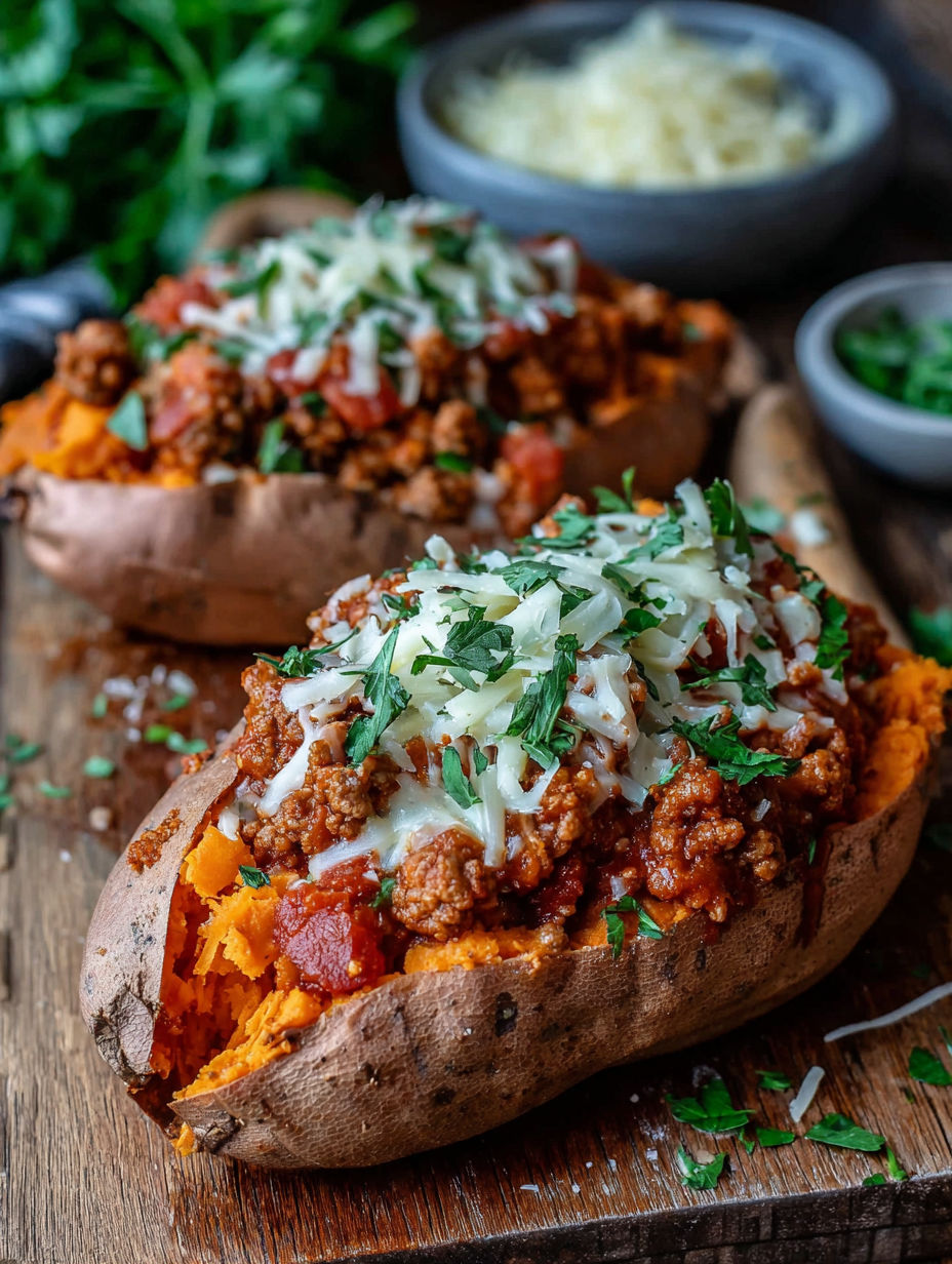 A close up of a potato with meat and cheese on top.