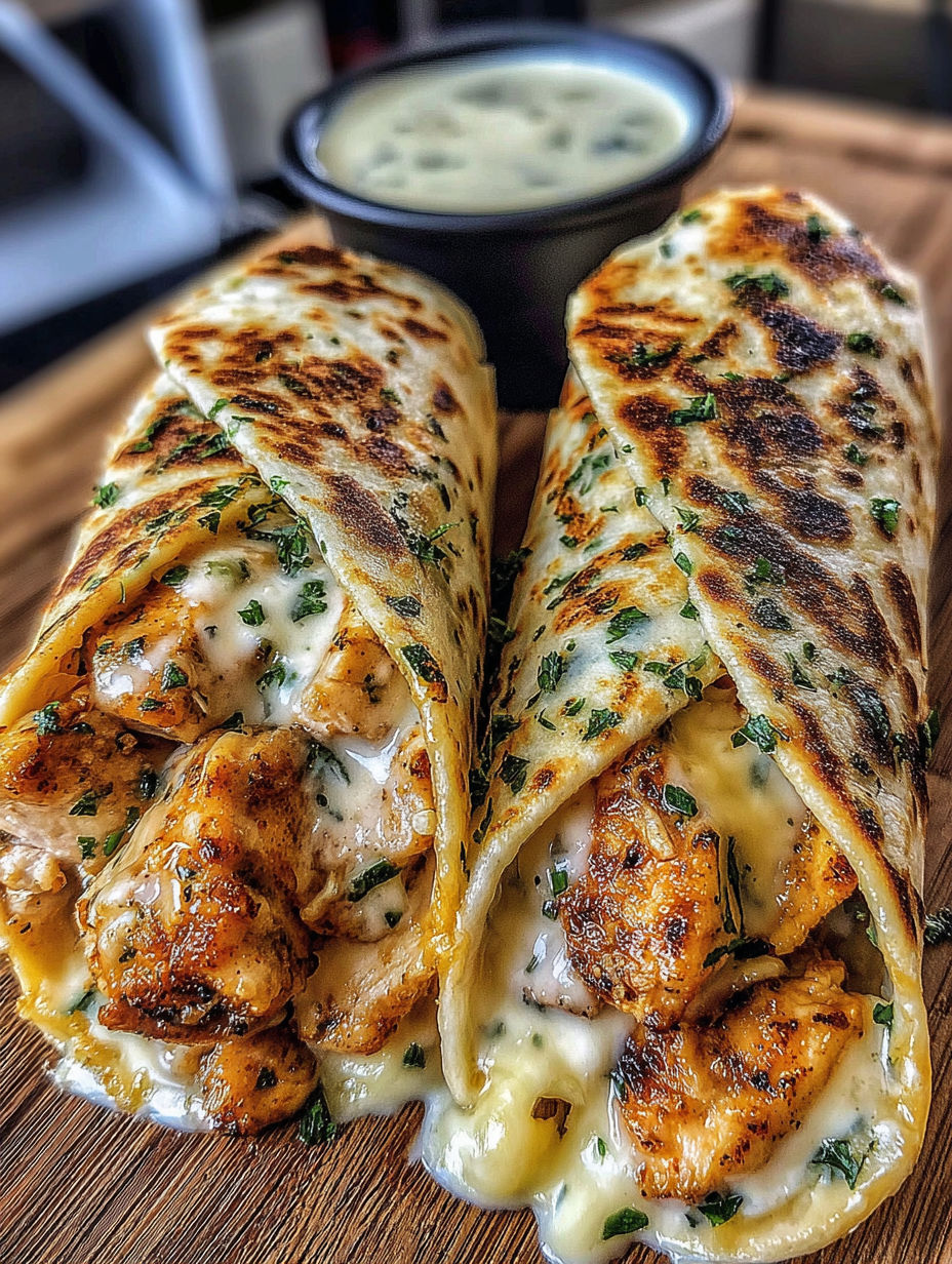 Two wraps with cheese sauce on a table.