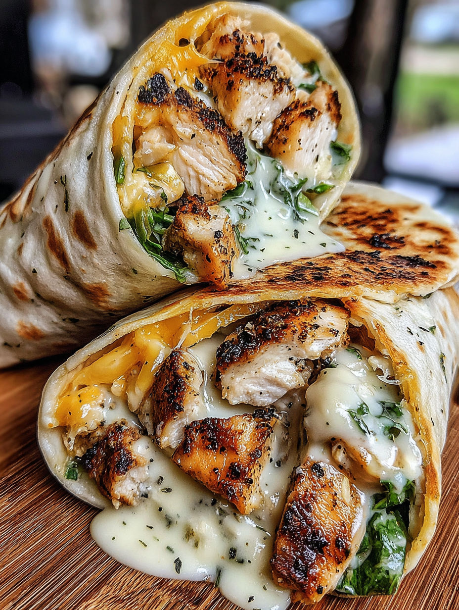A delicious wrap with chicken and cheese.