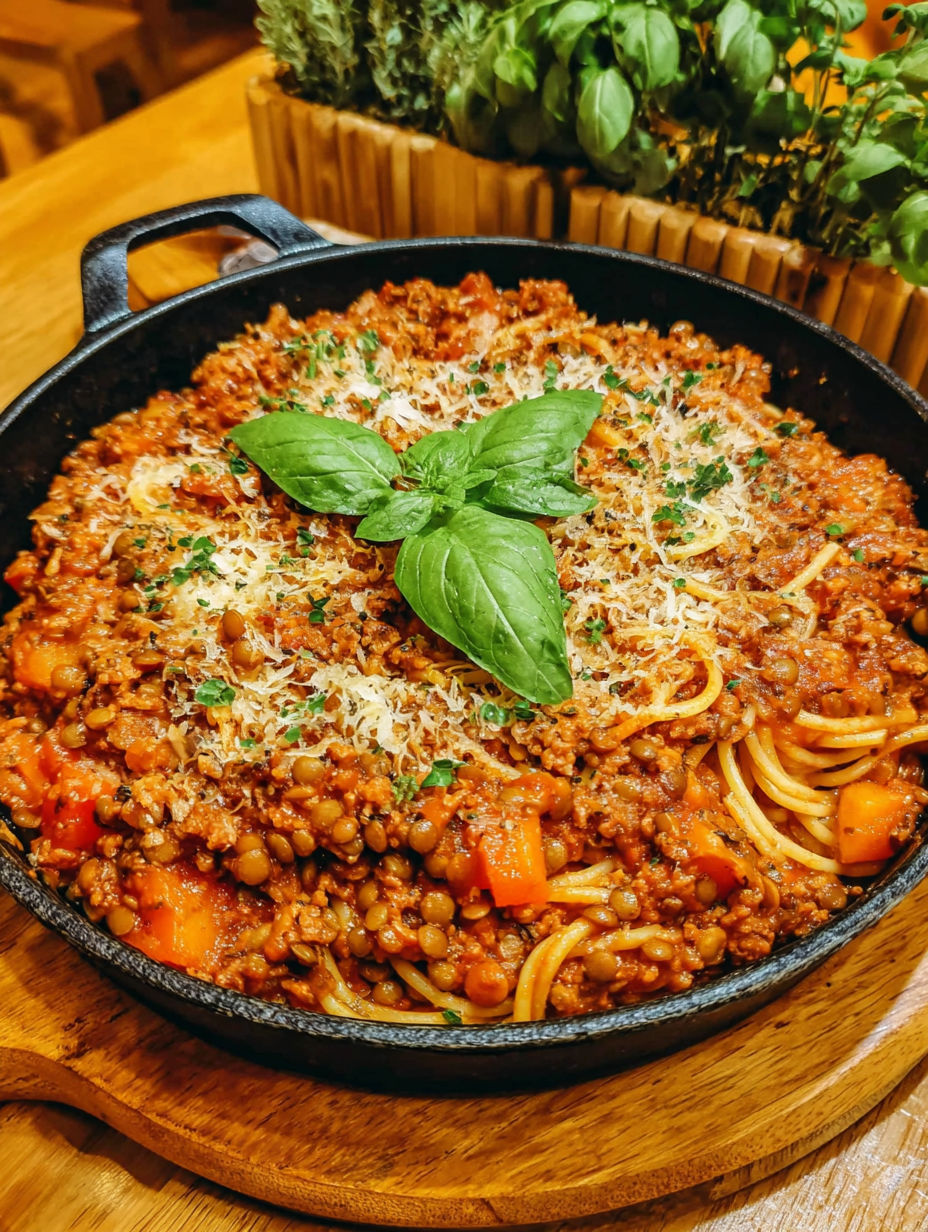 A bowl of spaghetti with meat sauce and green leaves on top.