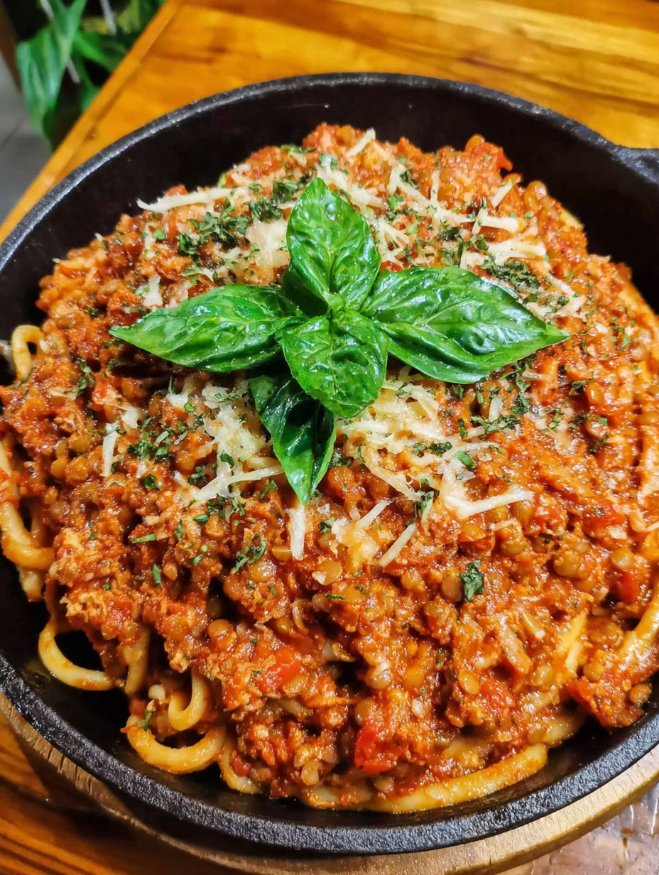 A bowl of spaghetti with meat sauce and a green leaf on top.