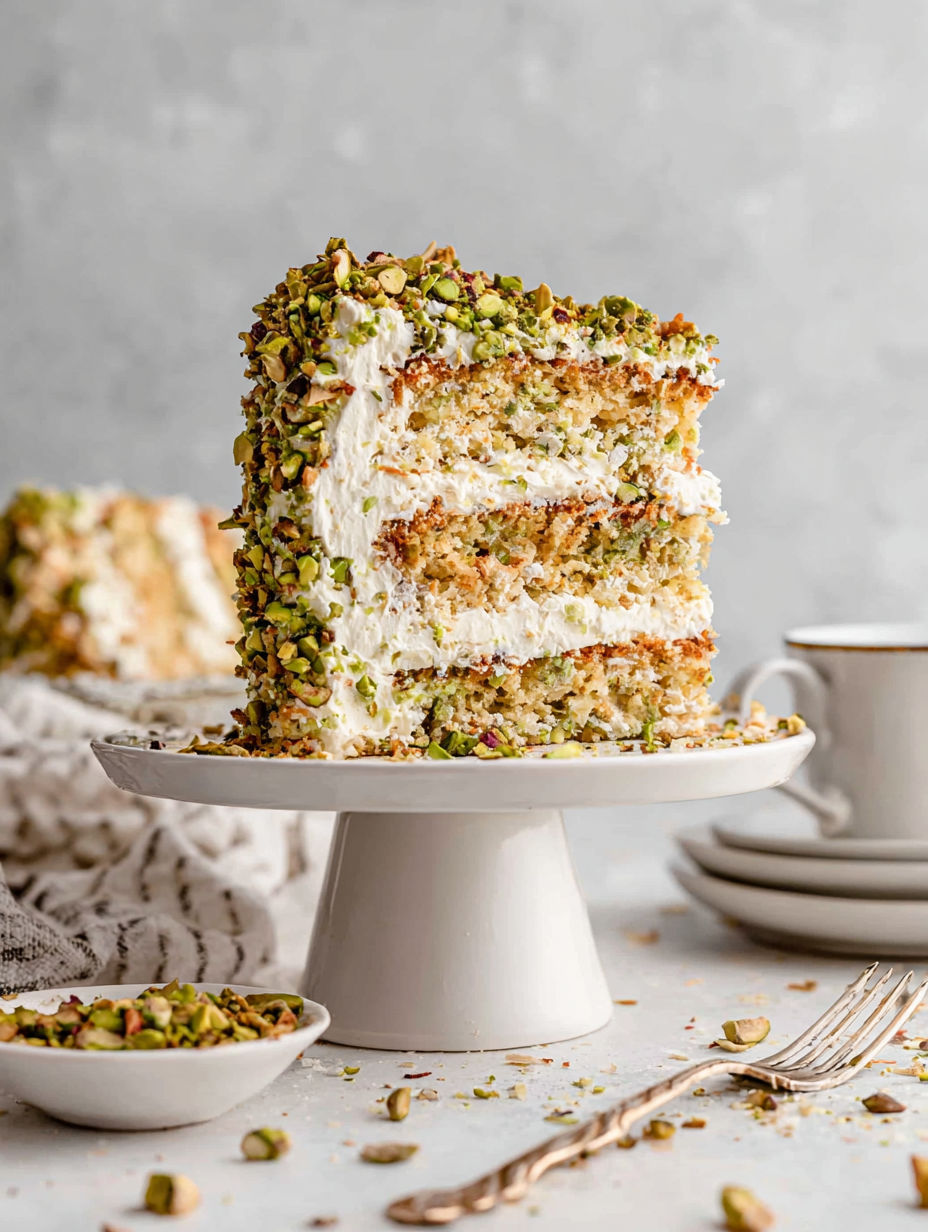 A slice of pistachio cake on a plate.