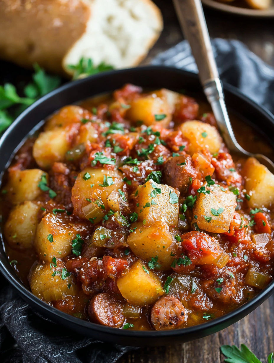 A bowl of soup with a spoon in it.