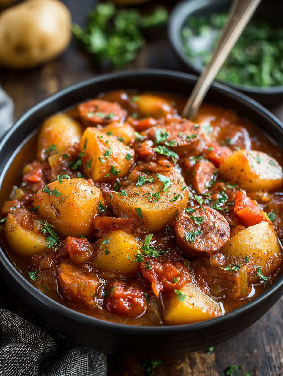 A bowl of soup with sausage and potatoes.