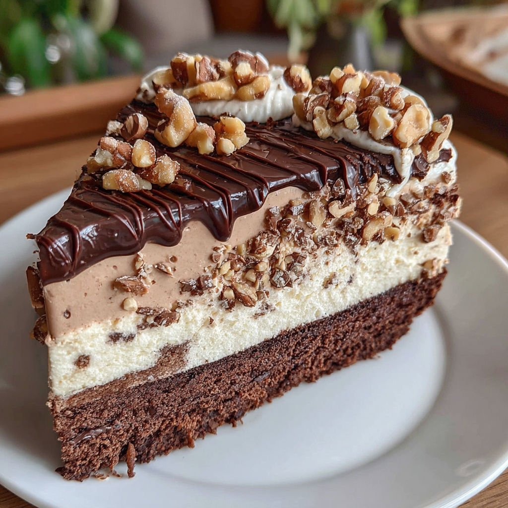 A slice of chocolate cake with nuts on top.