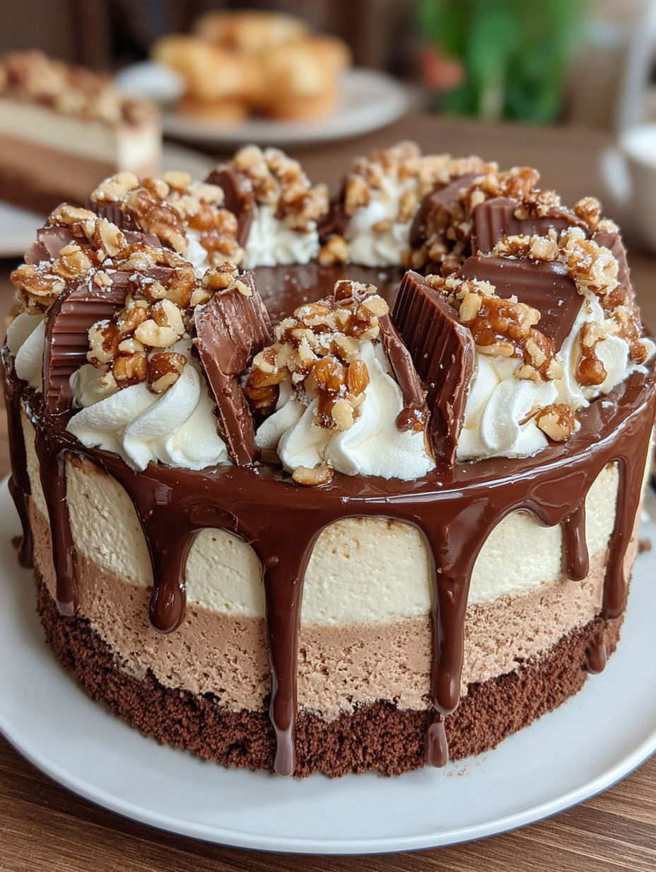 A chocolate cake with white icing and nuts.
