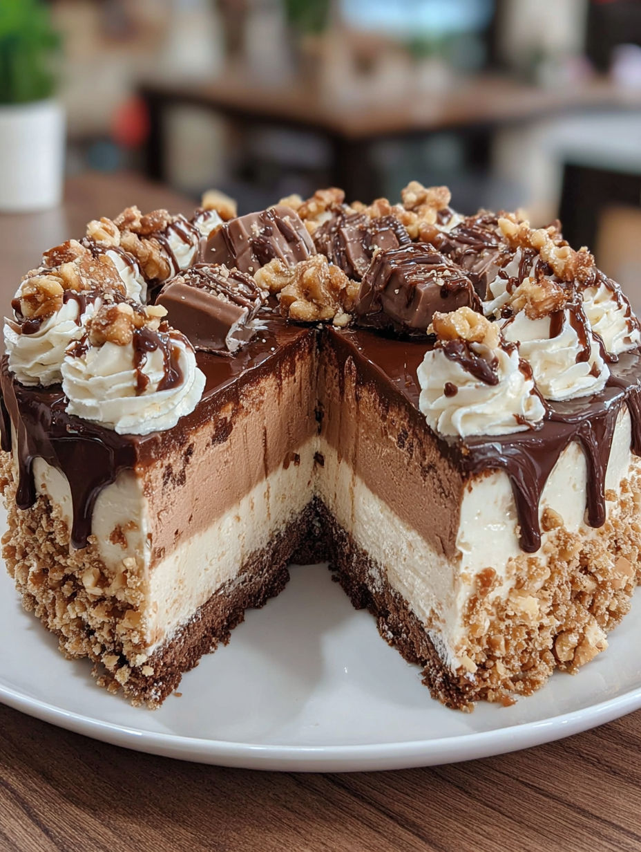 A slice of cake with chocolate and walnuts.