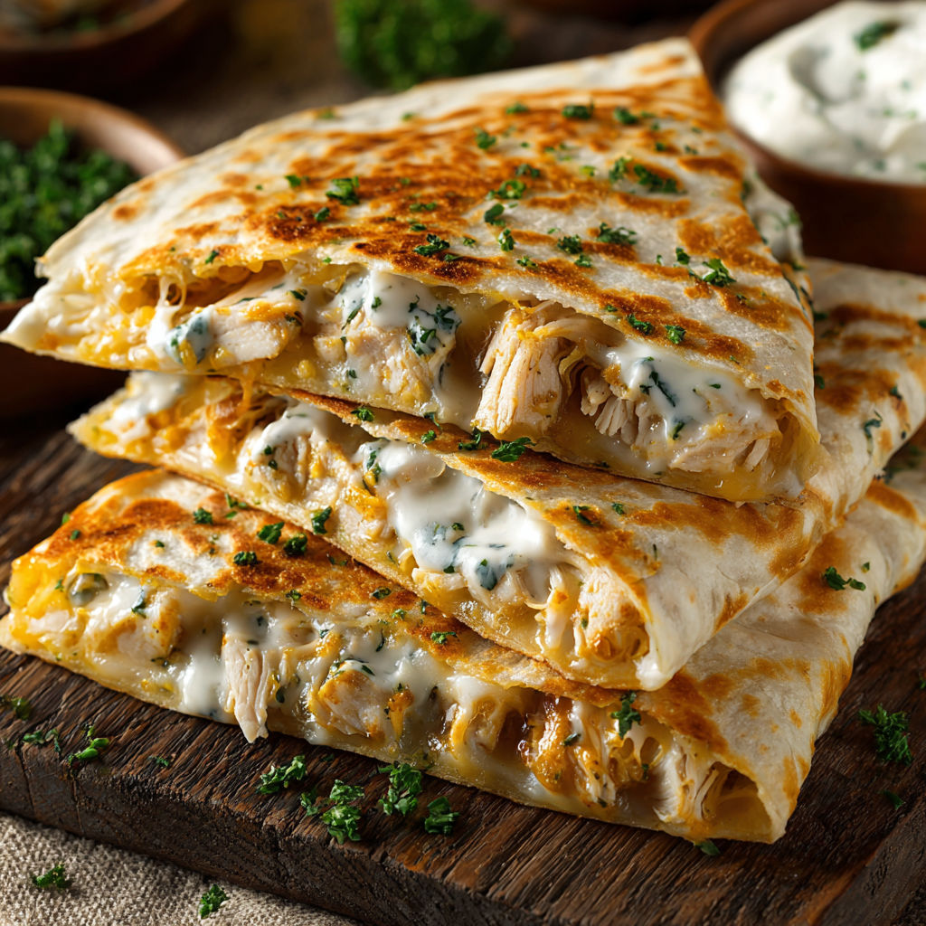 A quesadilla with chicken and cheese on a wooden table.