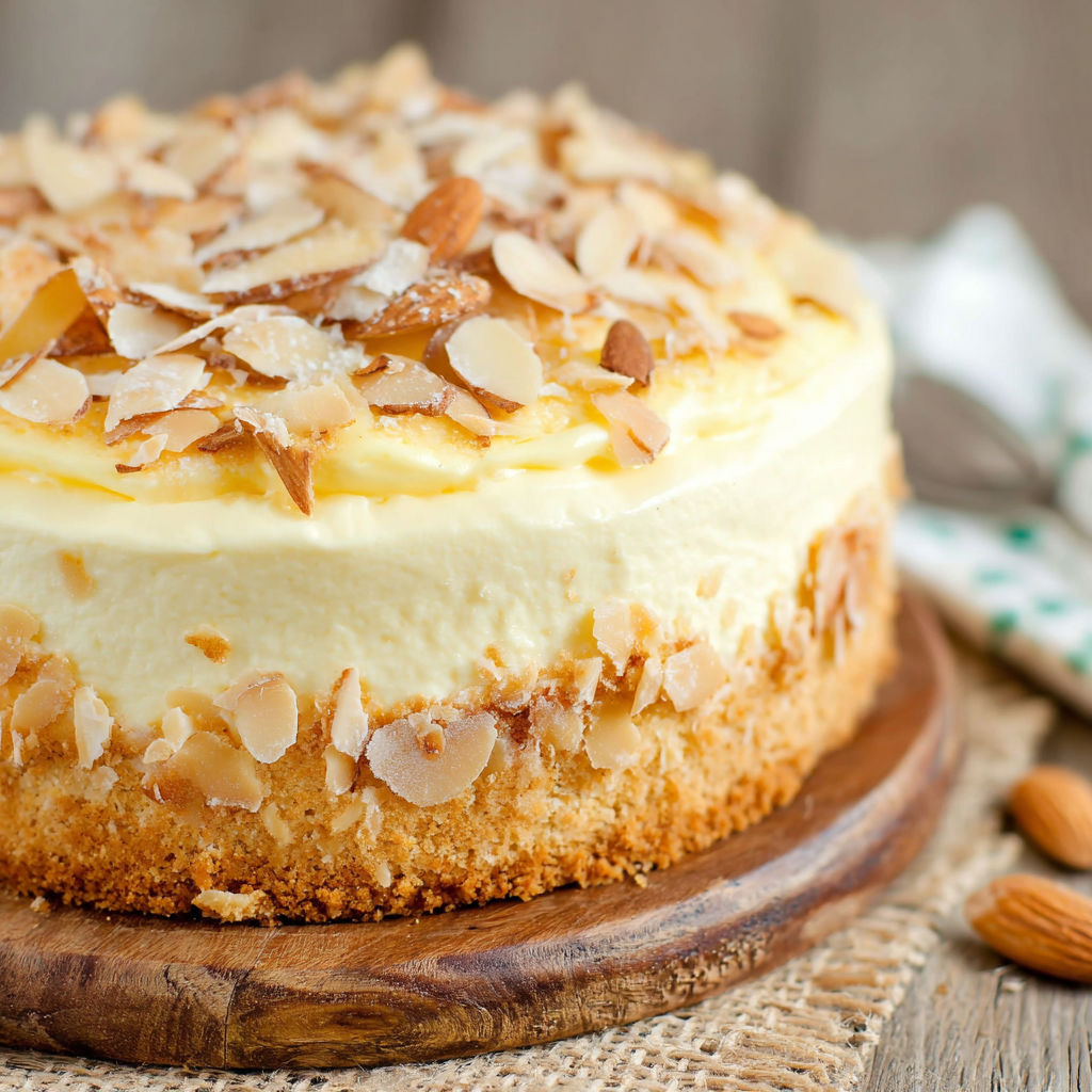 A slice of cake with almonds on top.