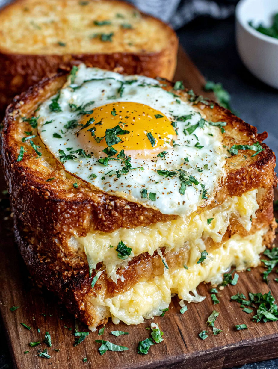A breakfast sandwich with an egg on top.
