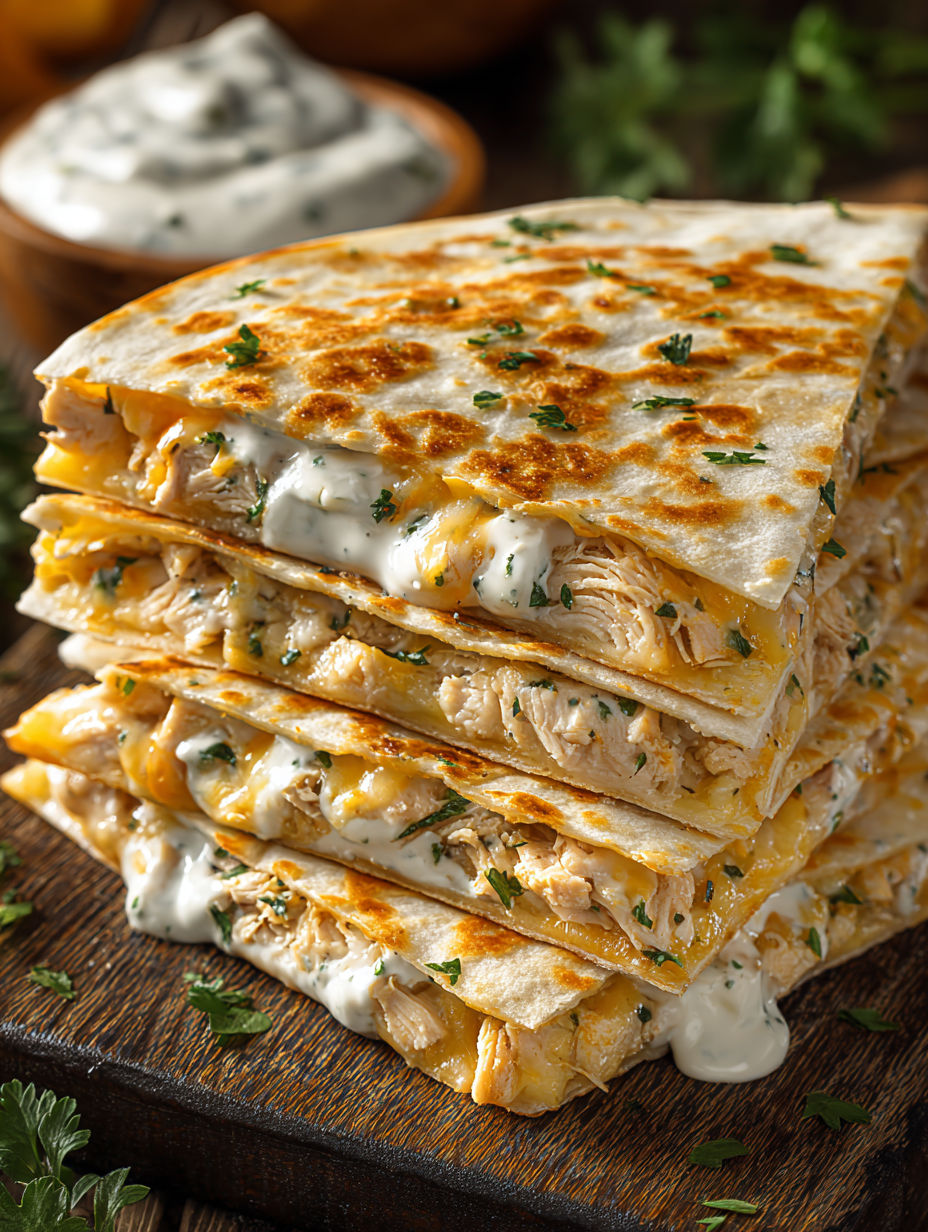 A stack of chicken enchiladas with white sauce.