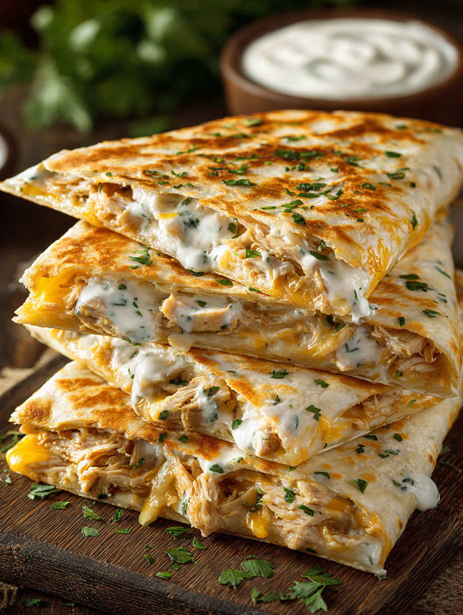 A stack of three sandwiches with white cheese and green herbs.