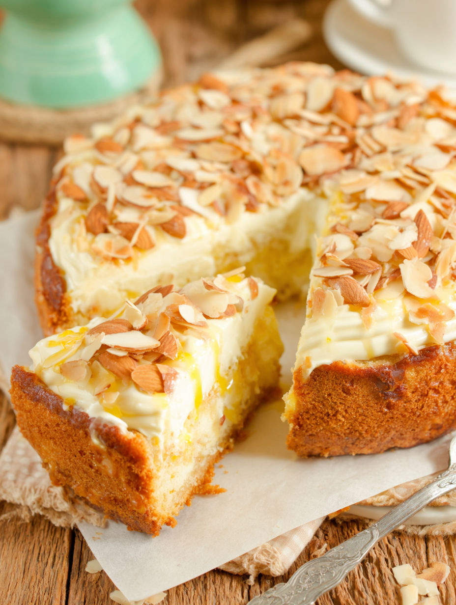 A slice of cake with almonds on top.