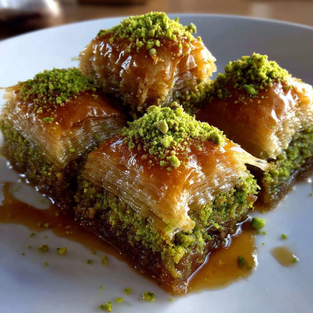 A plate of baklava with green toppings.