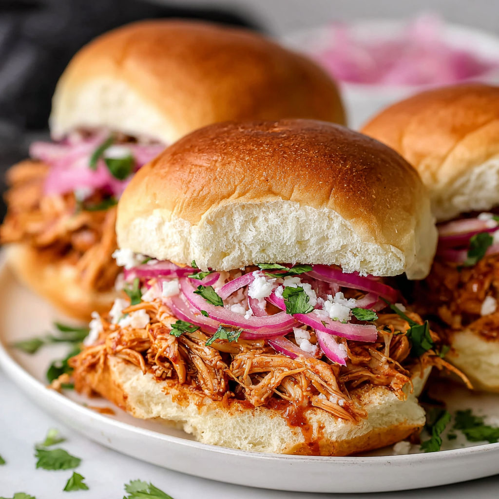 Three BBQ chicken sliders on a plate.