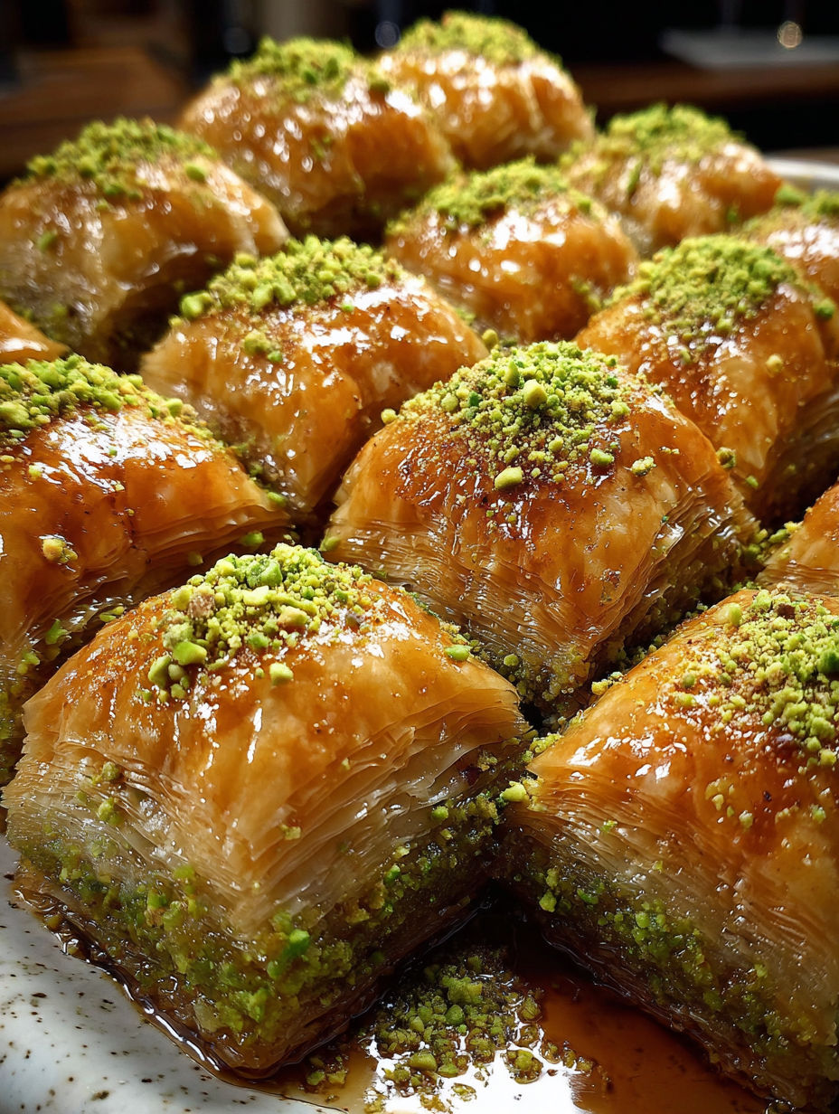 A plate of baklava bites with pistachio toppings.