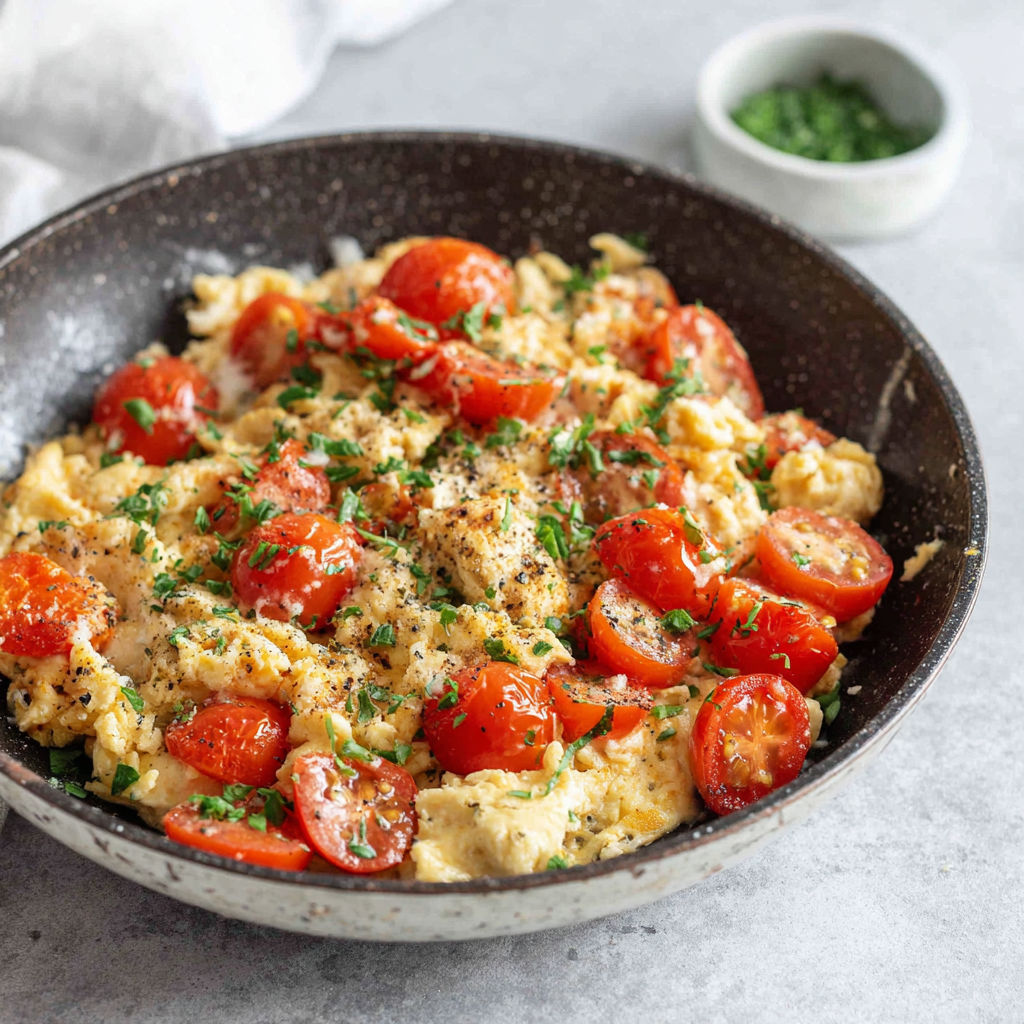 A bowl of saffron scrambled eggs with tomatoes.