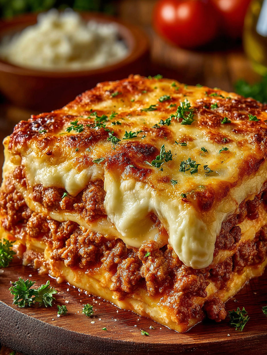 A close up of a baked spaghetti dish with cheese.