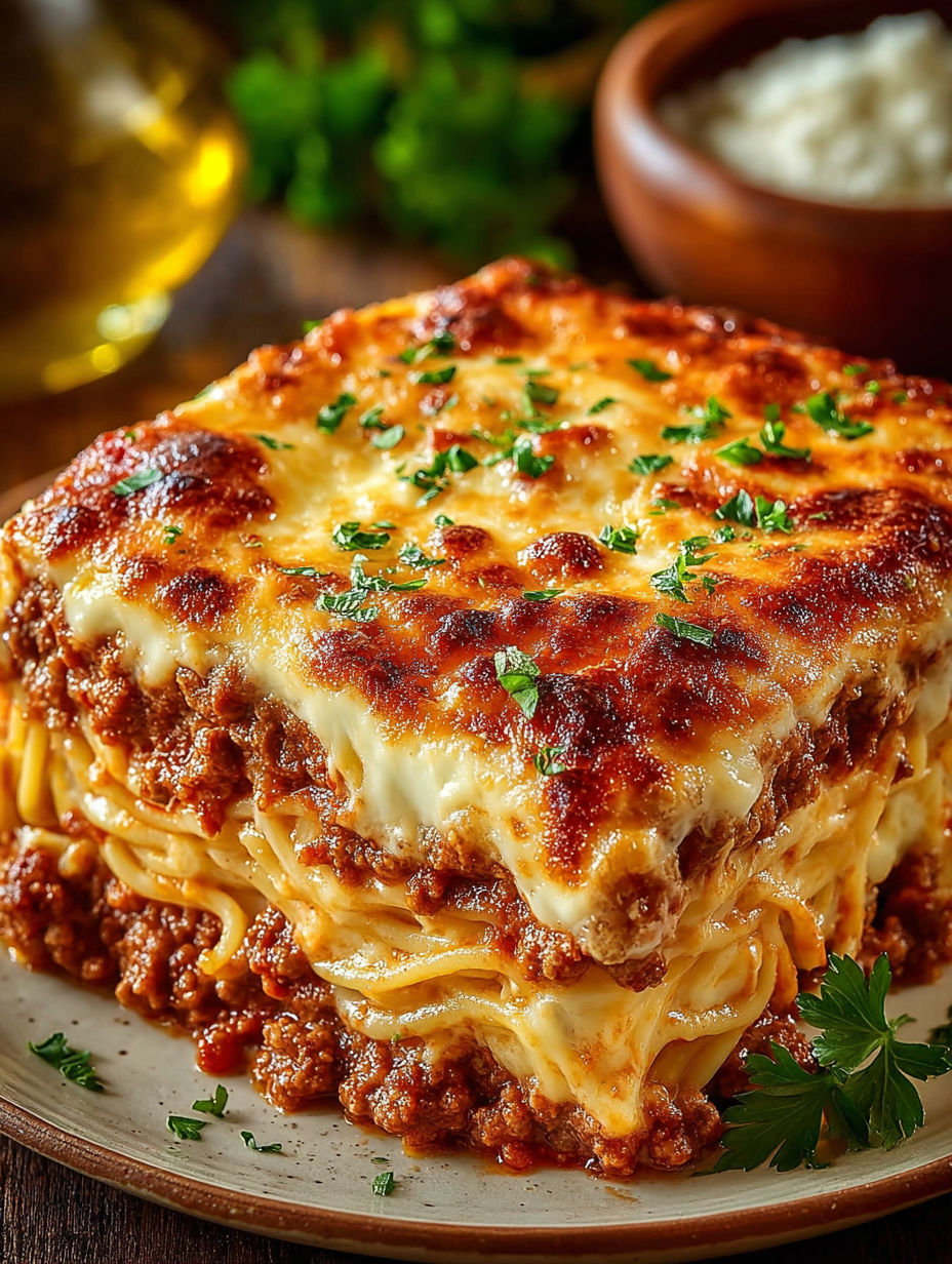 A close up of a delicious baked spaghetti dish.