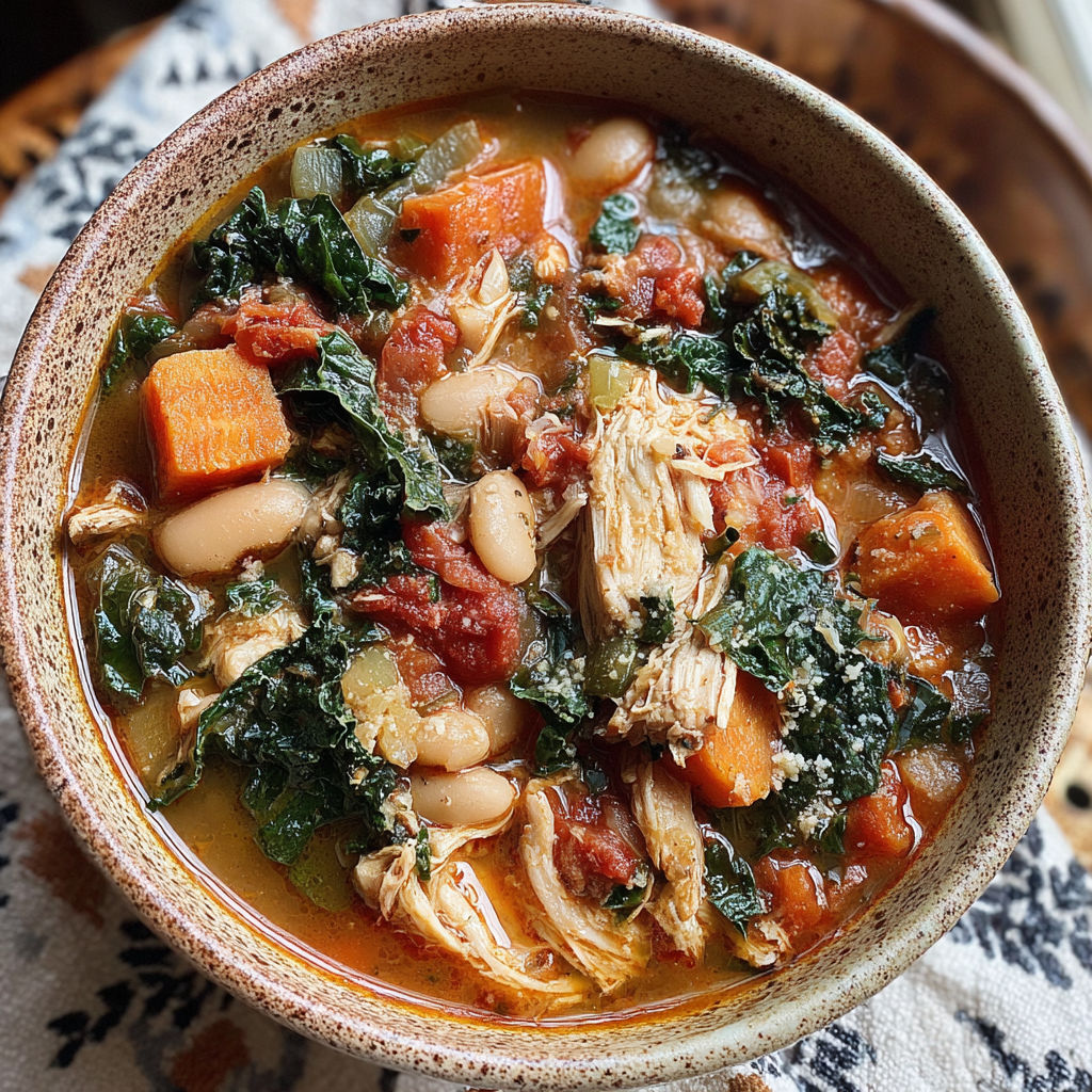 A bowl of soup with chicken, beans, and kale.