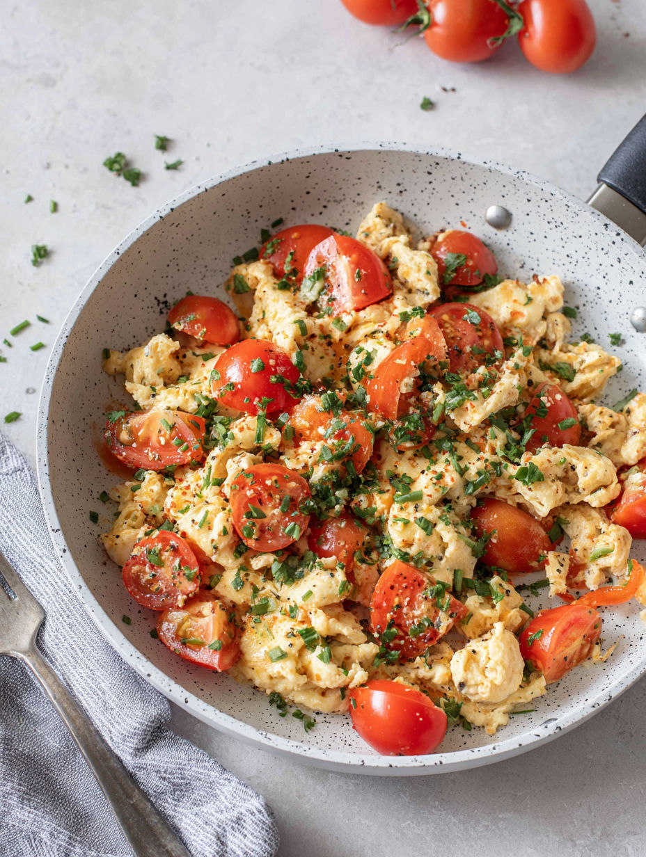 A pan of food with tomatoes and herbs.