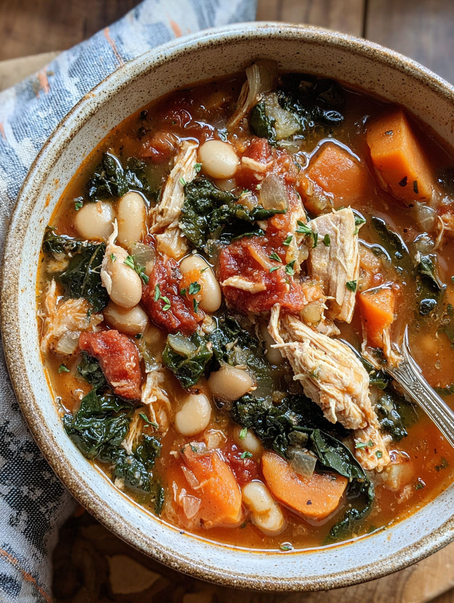 A bowl of soup with chicken, beans, and greens.