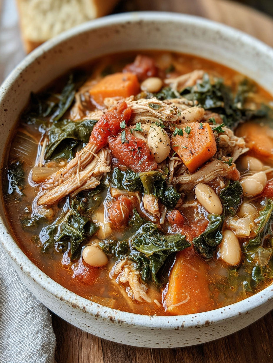 A bowl of soup with meat, beans, and greens.