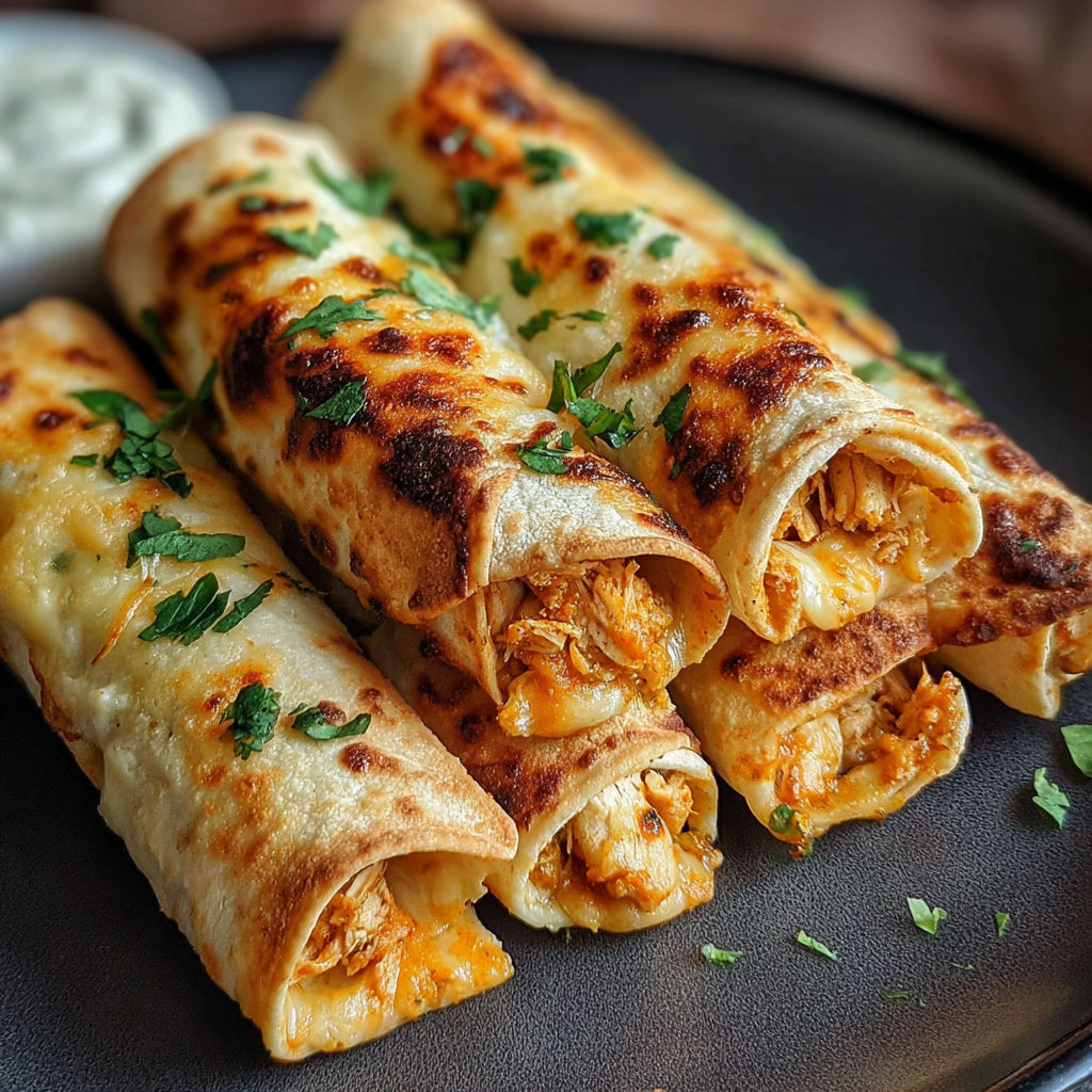 Crispy chicken taquitos on a plate.