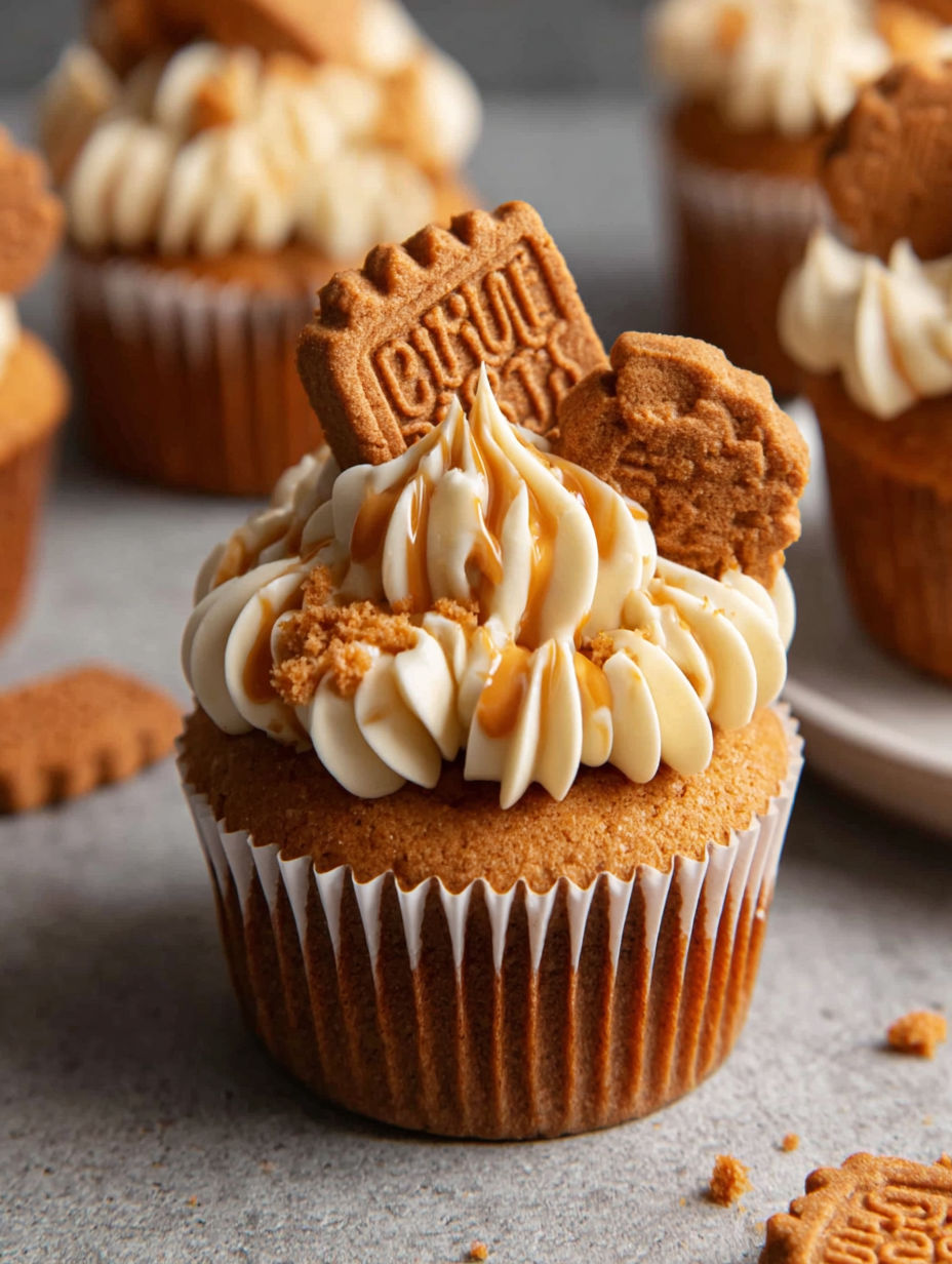 A cupcake with a cookie on top.