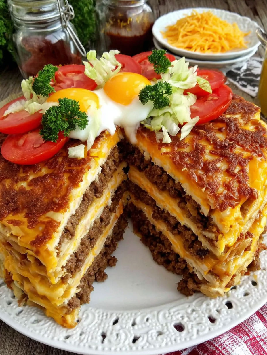 A cheeseburger-torte is cut into slices and placed on a plate.
