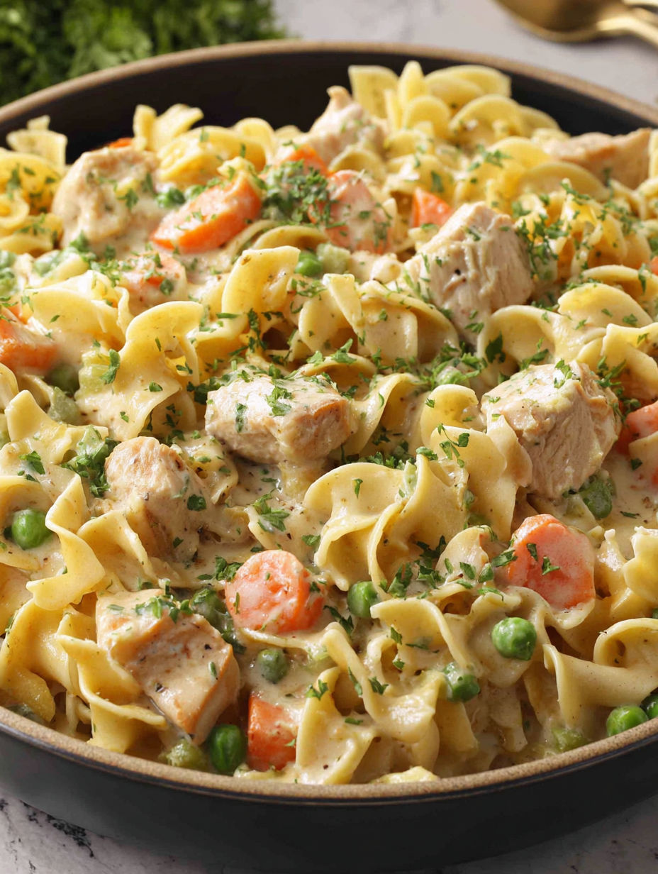 A bowl of pasta with chicken and vegetables.