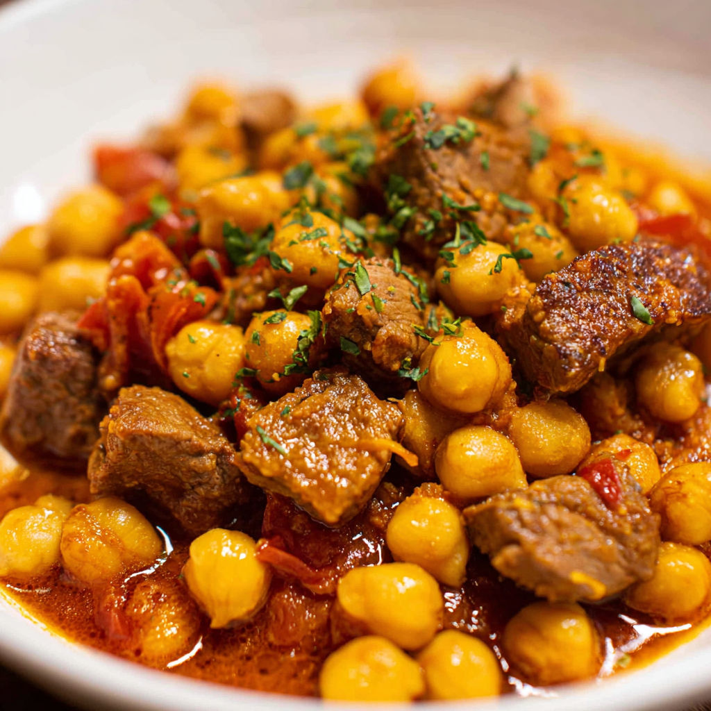 A bowl of meat and chickpeas.