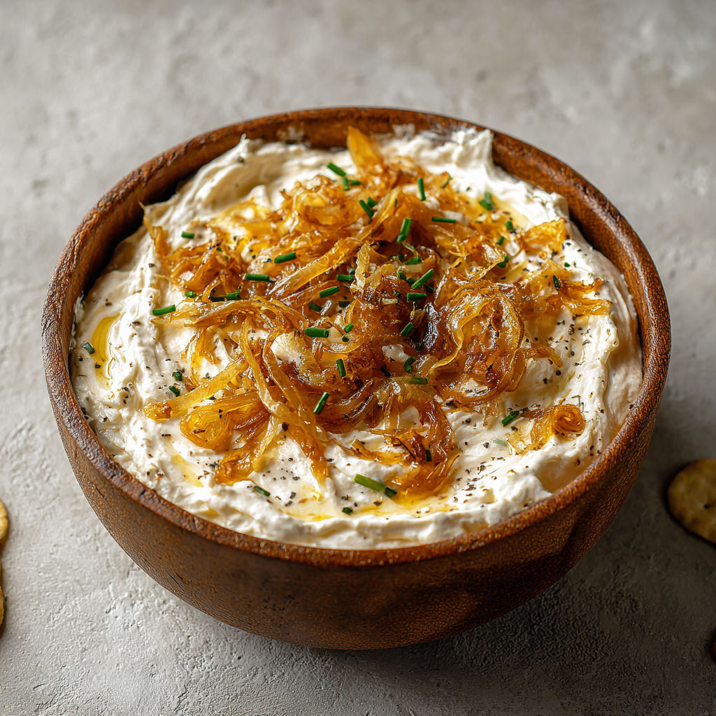 A bowl of caramelized onion dip.