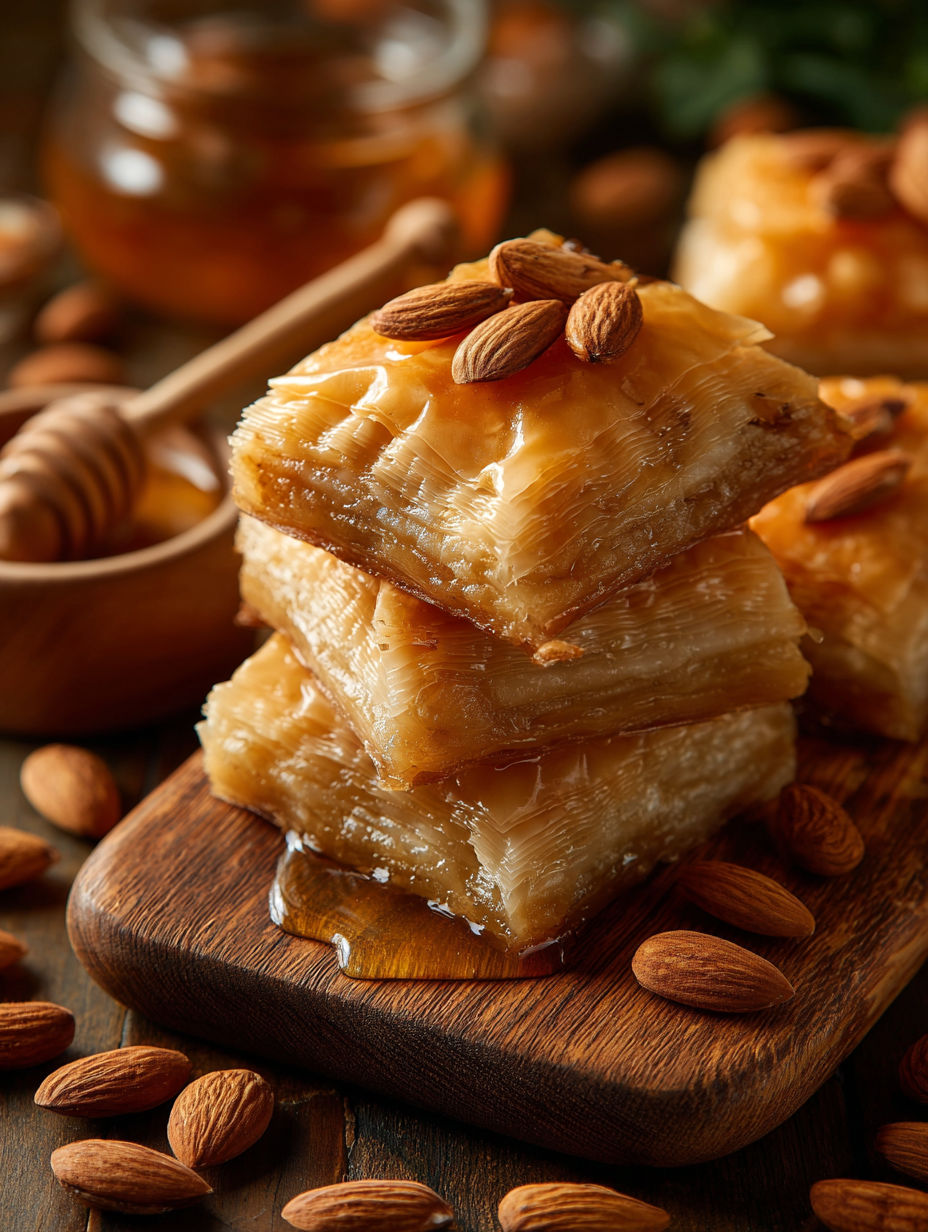 A stack of almond baklava with honey drizzled on top.