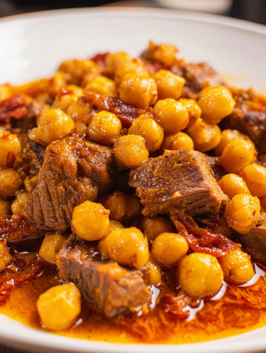 A close up of a delicious looking stew with chickpeas and meat.
