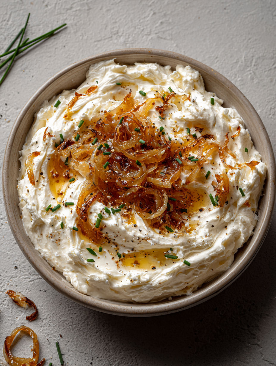 A bowl of food with onions and herbs.