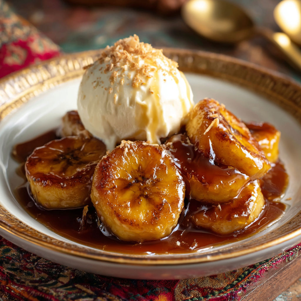 A plate of bananas with caramel sauce and vanilla ice cream.