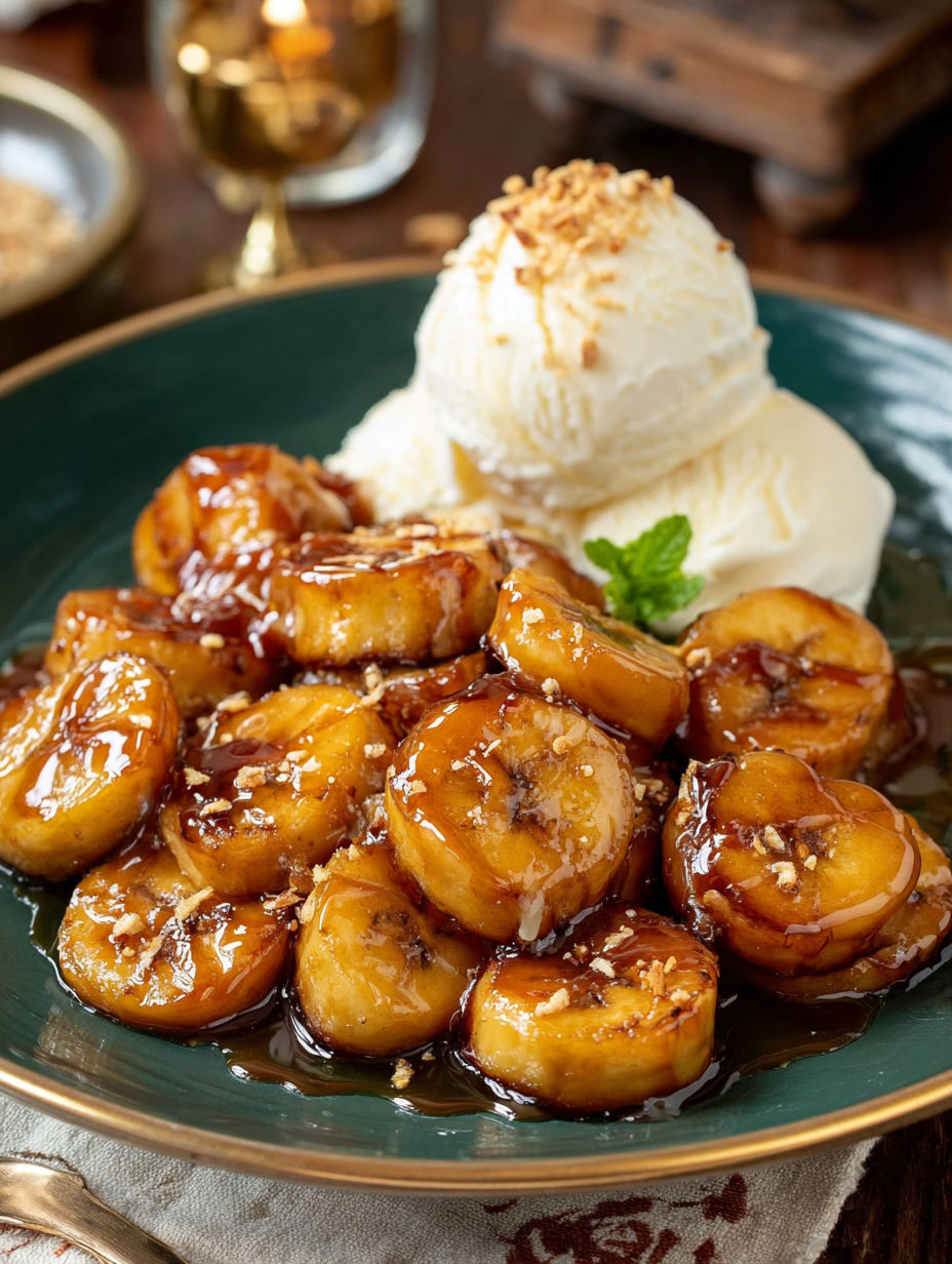 A plate of bananas with caramel sauce and vanilla ice cream.