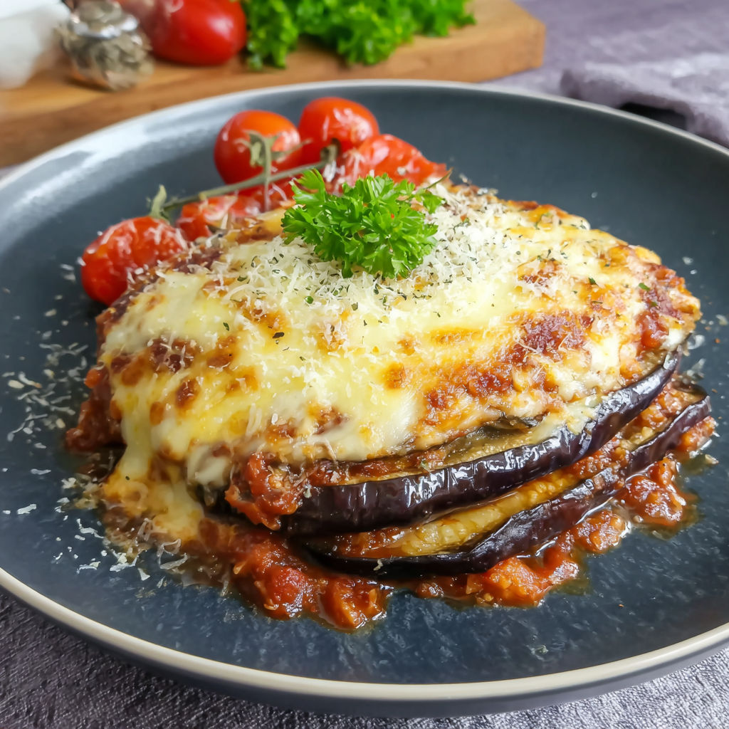 A plate of food with a lasagna on it.