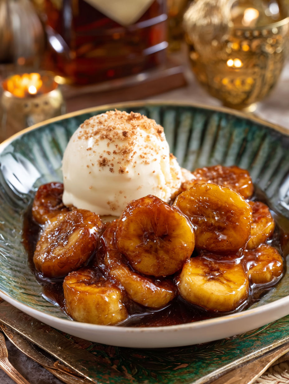 A plate of bananas with ice cream on top.