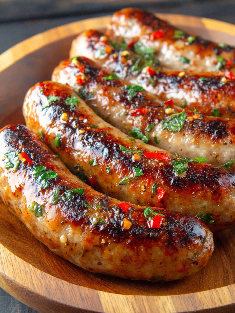 A plate of sausage links with peppers and herbs.